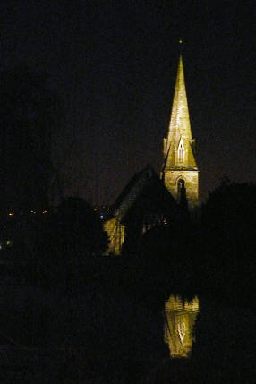 St Paul's church spire illuminated at night